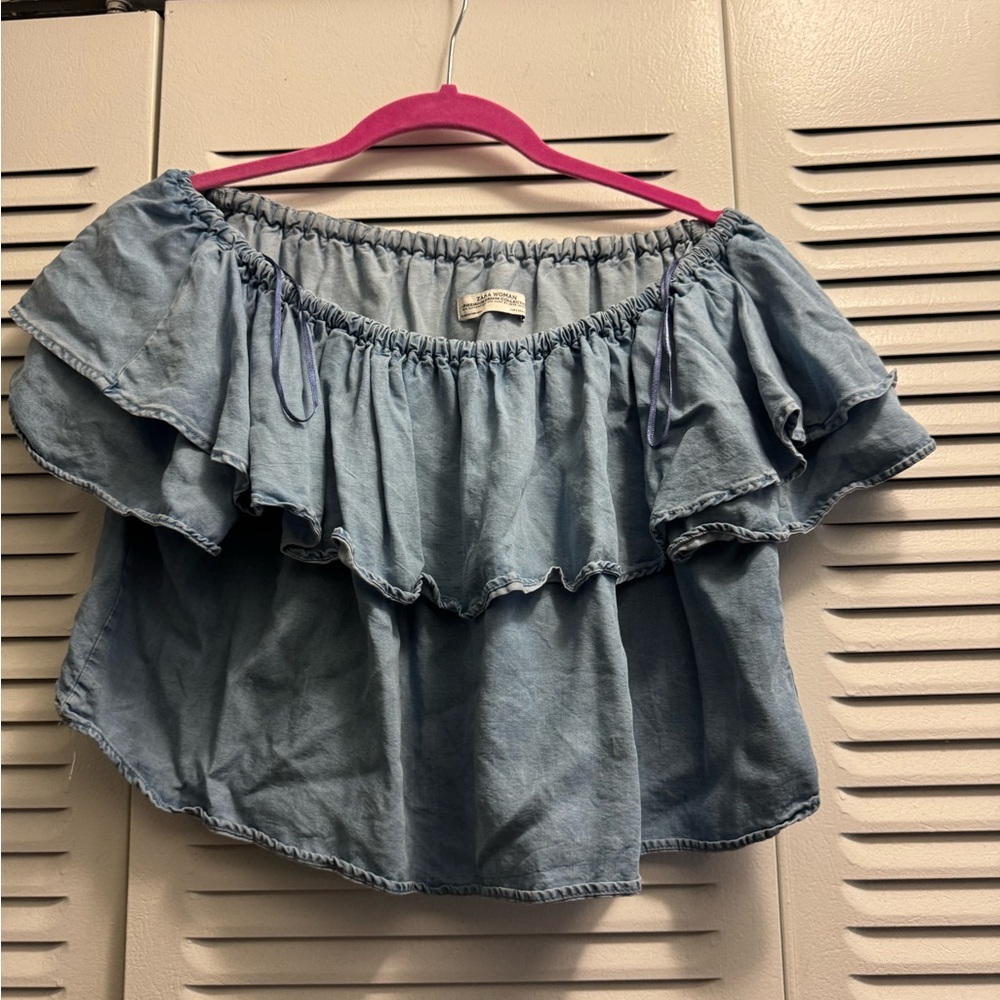 Blue Off-Shoulder Ruffle Top